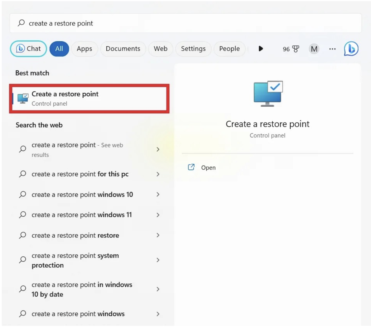 Type create a restore point in the search bar and click on the best match